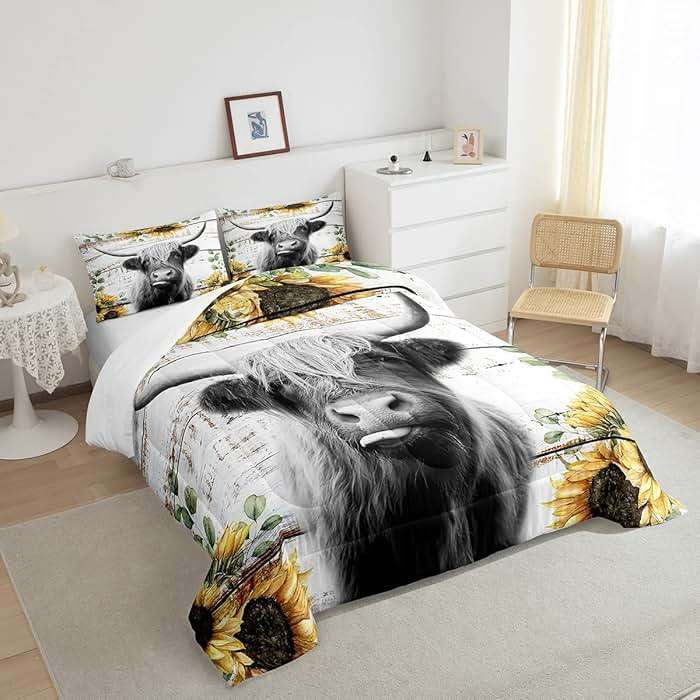 Highland Cattle Cow Bedding Set King for Boys Girls Sunflower Comforter Set Women Teens Kids Wild Animal Western Farmhouse Highland Cow Quilted Duvet Nature Flower Board Decor Down Comforter - Image 4
