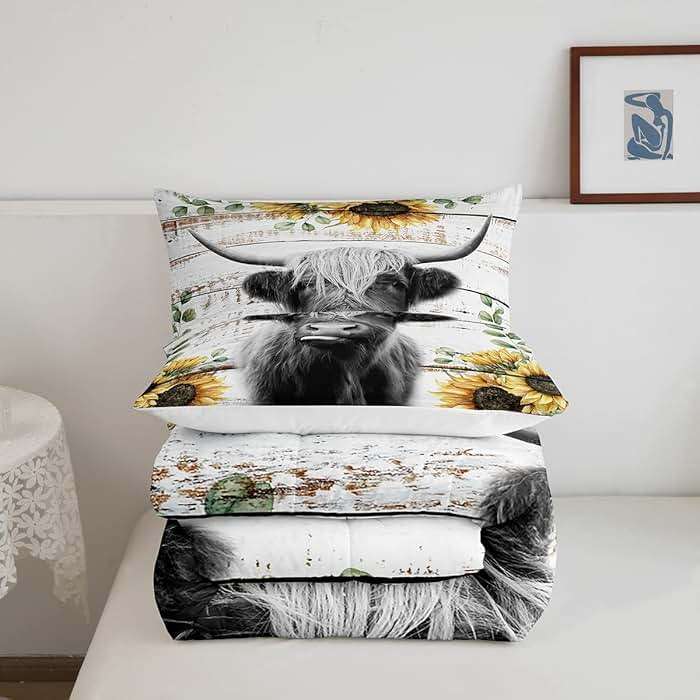 Highland Cattle Cow Bedding Set King for Boys Girls Sunflower Comforter Set Women Teens Kids Wild Animal Western Farmhouse Highland Cow Quilted Duvet Nature Flower Board Decor Down Comforter - Image 5