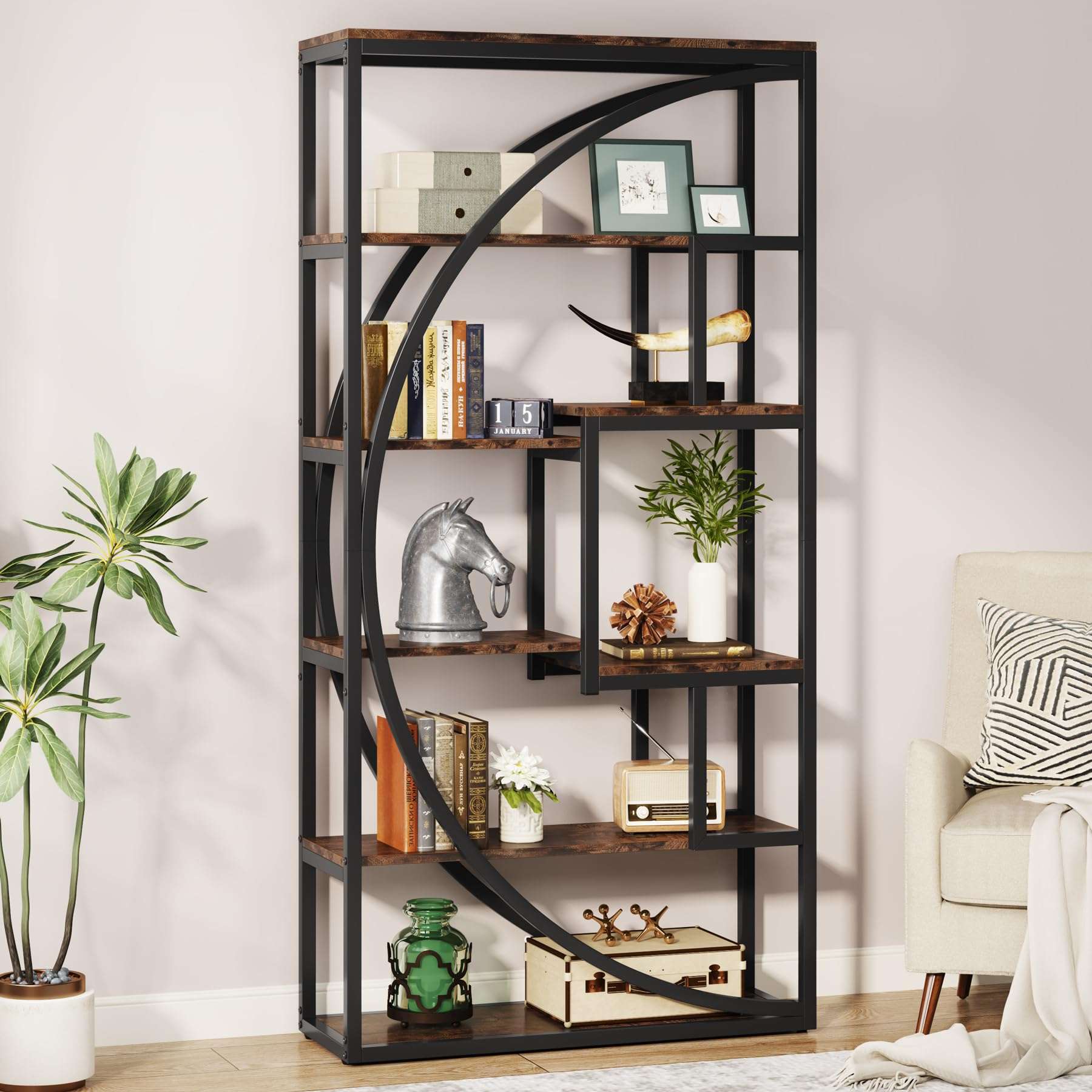 Tribesigns Bookshelf, Industrial 5-Tier Etagere Bookcase, 70.8 inch Tall Bookshelf with 8 Open Storage Shelf, Book Shelf Display Tack Shelving Unit for Home Office Living Room, Rustic Brown - Image 1
