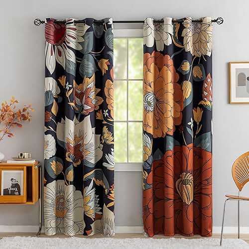 Tyrot Black Boho Floral 100% Blackout Curtains for Bedroom 84 inch Long 2 Panels Mid Century Botanical Black Out Curtains for Living Room Grommet Thermal Insulated Room Darkening Window Drapes,52Wx84L - Image 1