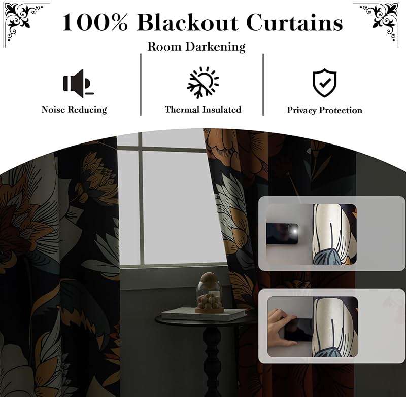 Tyrot Black Boho Floral 100% Blackout Curtains for Bedroom 84 inch Long 2 Panels Mid Century Botanical Black Out Curtains for Living Room Grommet Thermal Insulated Room Darkening Window Drapes,52Wx84L - Image 3