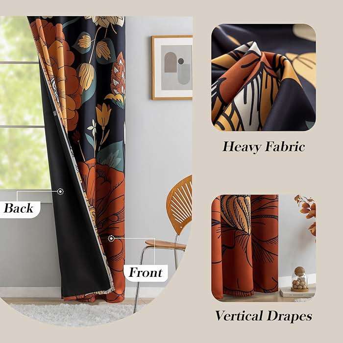 Tyrot Black Boho Floral 100% Blackout Curtains for Bedroom 84 inch Long 2 Panels Mid Century Botanical Black Out Curtains for Living Room Grommet Thermal Insulated Room Darkening Window Drapes,52Wx84L - Image 6