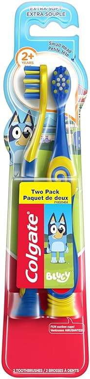 Colgate Bluey Extra Soft Toothbrush for Kids, Kids Toothbrush Pack with Built in Suction Cup Toothbrush Holder, Designed for Children Ages 2 and Up, Extra Soft Bristles, 2 Pack - Image 1