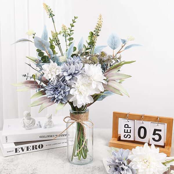 Fake Artificial Flowers Bouquet for Decoration, Silk Floral Arrangements Faux Flowers Plant Wedding Bride Bouquets Tables Centerpieces for Rustic Home Decor Indoor Vase Floral Table Decor (Blue White) - Image 2