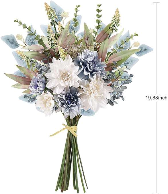 Fake Artificial Flowers Bouquet for Decoration, Silk Floral Arrangements Faux Flowers Plant Wedding Bride Bouquets Tables Centerpieces for Rustic Home Decor Indoor Vase Floral Table Decor (Blue White) - Image 3