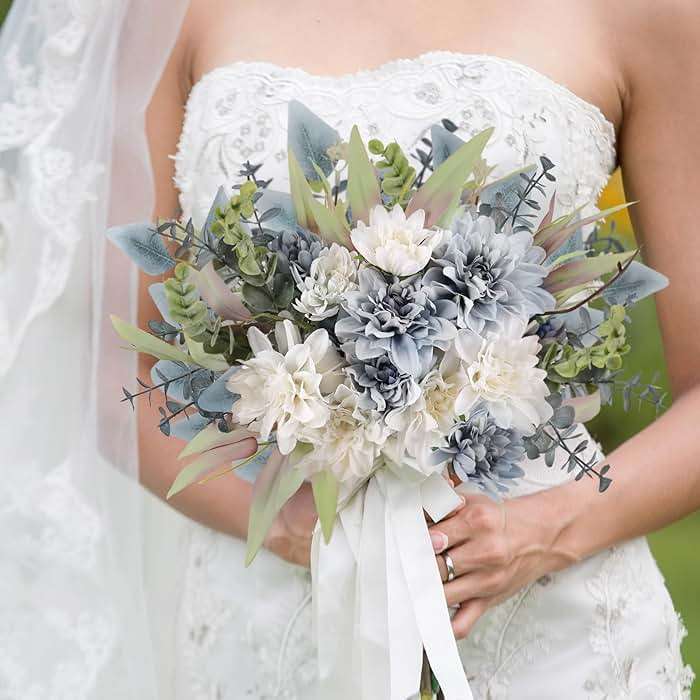 Fake Artificial Flowers Bouquet for Decoration, Silk Floral Arrangements Faux Flowers Plant Wedding Bride Bouquets Tables Centerpieces for Rustic Home Decor Indoor Vase Floral Table Decor (Blue White) - Image 5