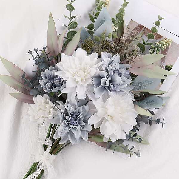Fake Artificial Flowers Bouquet for Decoration, Silk Floral Arrangements Faux Flowers Plant Wedding Bride Bouquets Tables Centerpieces for Rustic Home Decor Indoor Vase Floral Table Decor (Blue White) - Image 6