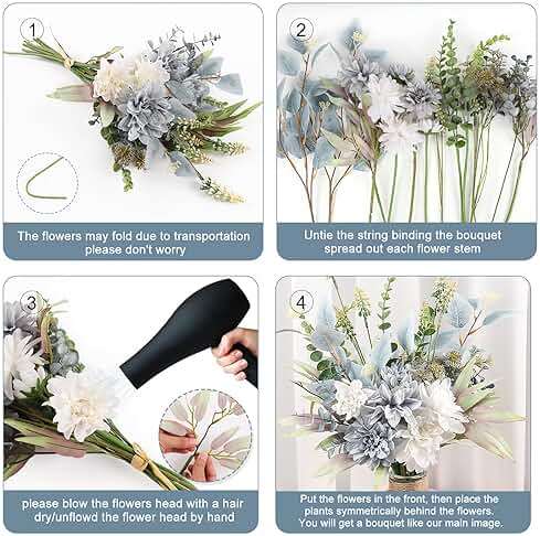 Fake Artificial Flowers Bouquet for Decoration, Silk Floral Arrangements Faux Flowers Plant Wedding Bride Bouquets Tables Centerpieces for Rustic Home Decor Indoor Vase Floral Table Decor (Blue White) - Image 7