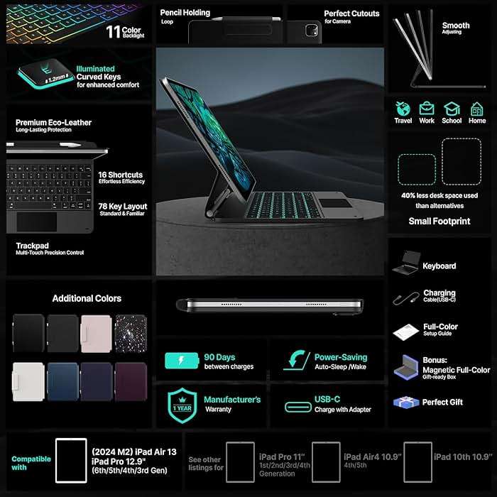 typecase Edge Keyboard Case for iPad Air 13-inch(M4/M3/M2, 2026/2025/2024) & iPad Pro 12.9-inch(6th/5th/4th/3rd Gen), Magic Keyboard with 11-Color Backlight, Multi-Touch Trackpad, Pencil Holder, Black - Image 6