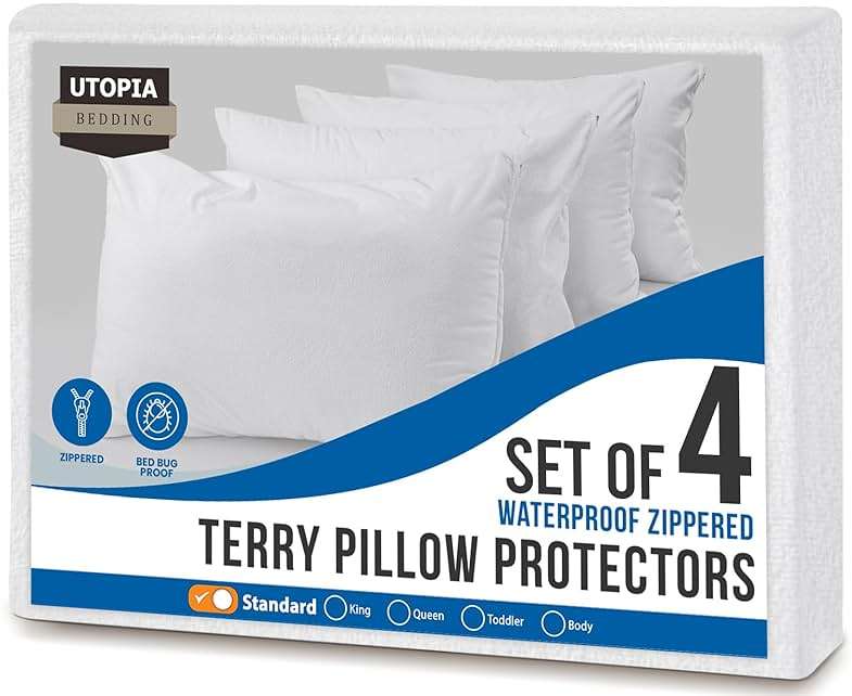 Utopia Bedding Set of 4 Waterproof Pillow Protectors with Zipper Standard Size, Terry Pillow Covers, Bed Bug and Dust Mite Proof Pillow Cases - Image 1