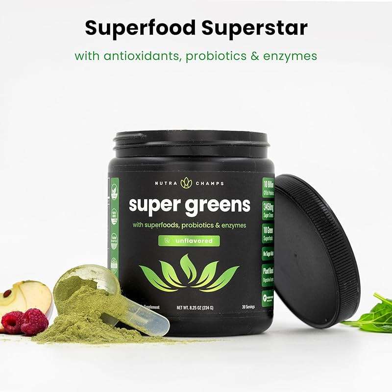 NutraChamps Super Greens Powder Premium Superfood | 20+ Organic Green Veggie Whole Foods | Wheat Grass, Spirulina, Chlorella | Antioxidant, Digestive Enzyme & Probiotic Blends (9.0 Oz, Unflavored) - Image 2