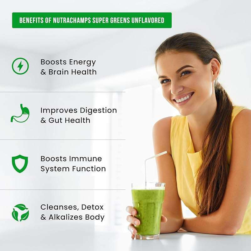 NutraChamps Super Greens Powder Premium Superfood | 20+ Organic Green Veggie Whole Foods | Wheat Grass, Spirulina, Chlorella | Antioxidant, Digestive Enzyme & Probiotic Blends (9.0 Oz, Unflavored) - Image 4