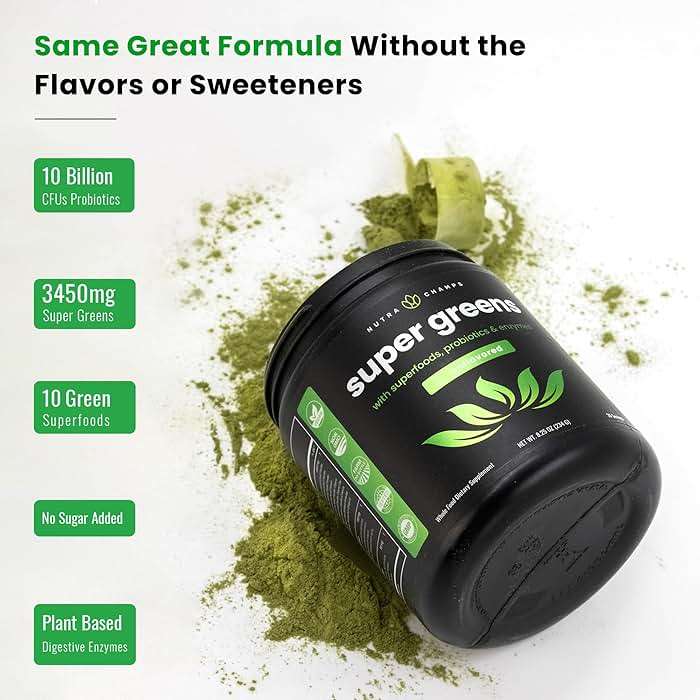 NutraChamps Super Greens Powder Premium Superfood | 20+ Organic Green Veggie Whole Foods | Wheat Grass, Spirulina, Chlorella | Antioxidant, Digestive Enzyme & Probiotic Blends (9.0 Oz, Unflavored) - Image 8