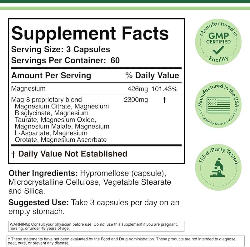 Magnesium Complex Supplement 180 Capsules (426mg Elemental Magnesium Provided by 2,300mg of Eight Different Forms of Magnesium) MAG-8 Provides 100% Daily Recommended Value of Magnesium by Double Wood - Image 2