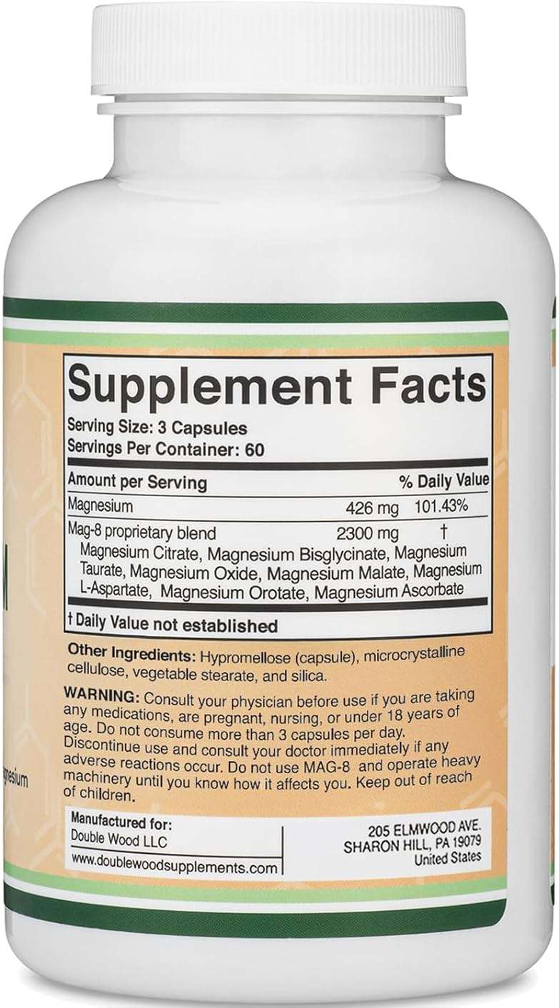 Magnesium Complex Supplement 180 Capsules (426mg Elemental Magnesium Provided by 2,300mg of Eight Different Forms of Magnesium) MAG-8 Provides 100% Daily Recommended Value of Magnesium by Double Wood - Image 3