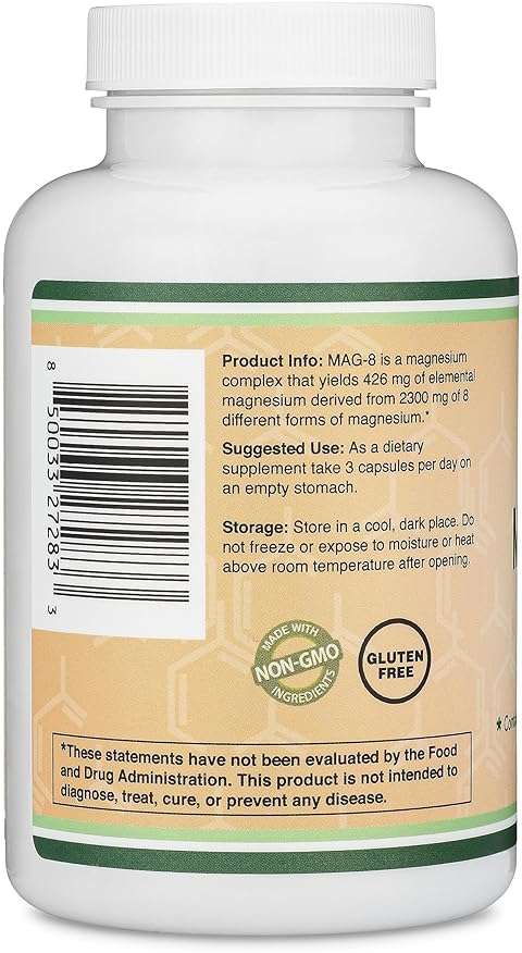 Magnesium Complex Supplement 180 Capsules (426mg Elemental Magnesium Provided by 2,300mg of Eight Different Forms of Magnesium) MAG-8 Provides 100% Daily Recommended Value of Magnesium by Double Wood - Image 4