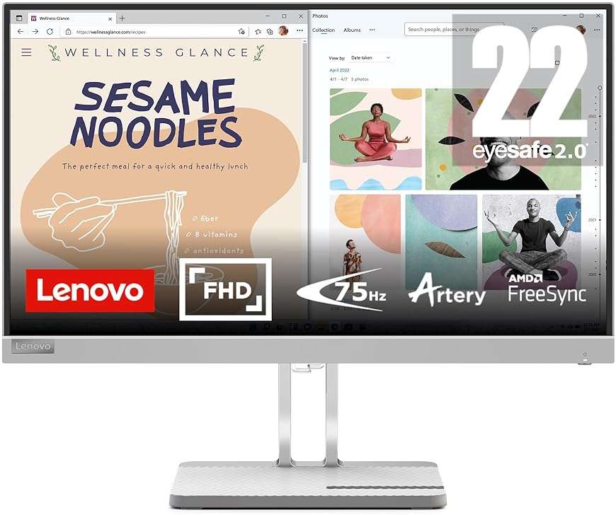 Lenovo L22e-40 Monitor, 21.45” FullHD Resolution, 250 nits Brightness, 75Hz Refresh Rate, AMD FreeSync, HDMI and VGA Ports, Tilt-Adjustable Stand, Natural Low Blue Light, Cloud Grey - Image 1