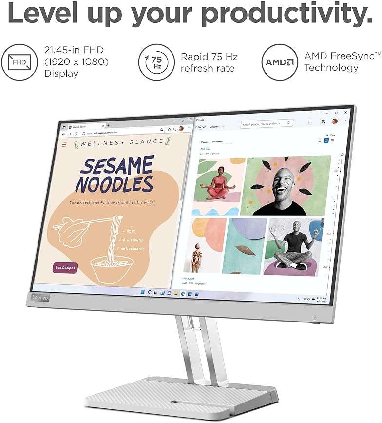 Lenovo L22e-40 Monitor, 21.45” FullHD Resolution, 250 nits Brightness, 75Hz Refresh Rate, AMD FreeSync, HDMI and VGA Ports, Tilt-Adjustable Stand, Natural Low Blue Light, Cloud Grey - Image 4