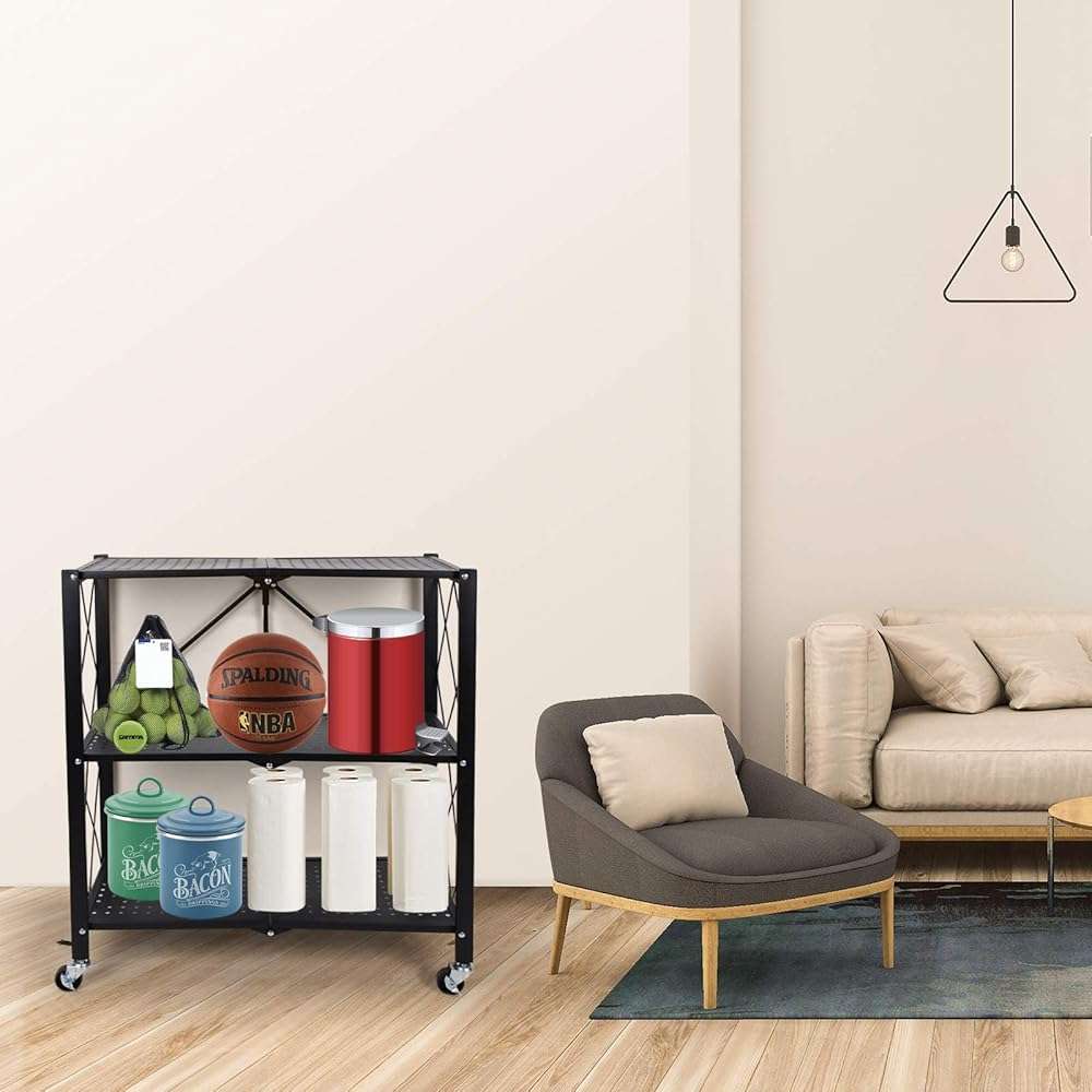 3-Tier Foldable Metal Shelves Heavy Duty Storage Shelving Unit with Wheels, Organizer Shelves for Garage Kitchen, Black - Image 2
