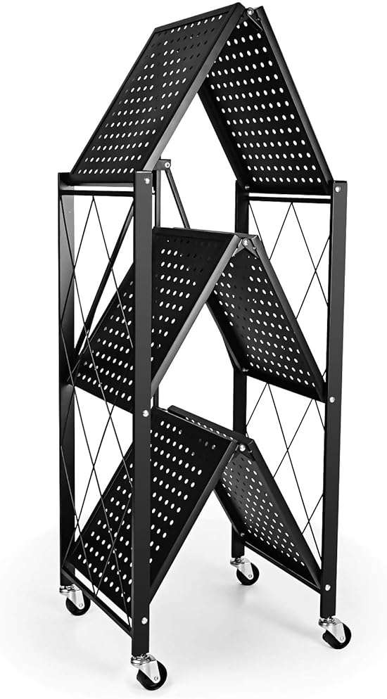 3-Tier Foldable Metal Shelves Heavy Duty Storage Shelving Unit with Wheels, Organizer Shelves for Garage Kitchen, Black - Image 5