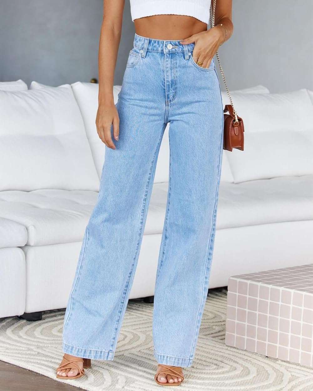 Cicy Bell Women's High Waisted Jeans Boyfriend Baggy Straight Leg Casual Denim Pants with Pockets (US, Numeric, 4, Regular, Regular, Light Blue) - Image 3