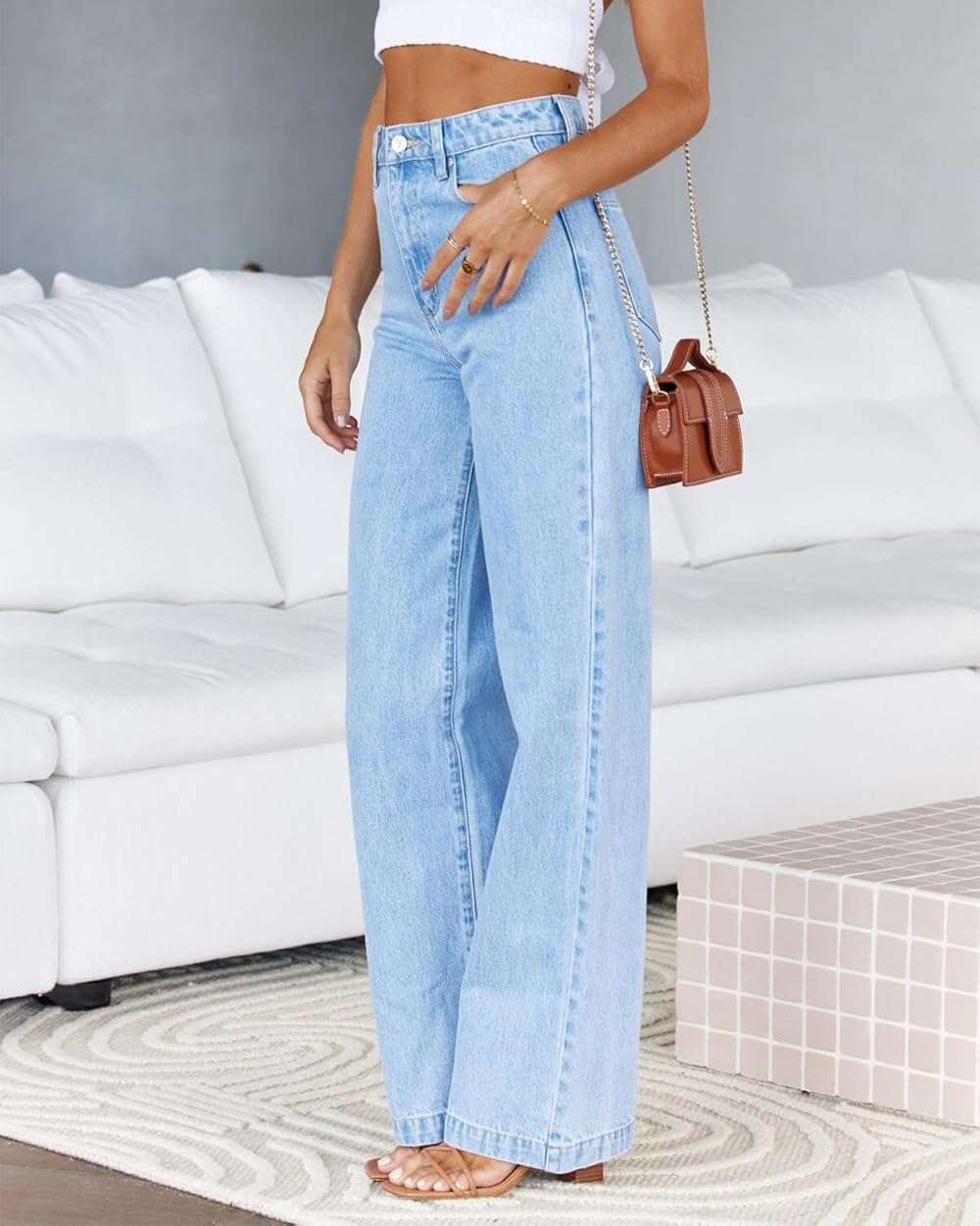 Cicy Bell Women's High Waisted Jeans Boyfriend Baggy Straight Leg Casual Denim Pants with Pockets (US, Numeric, 4, Regular, Regular, Light Blue) - Image 4