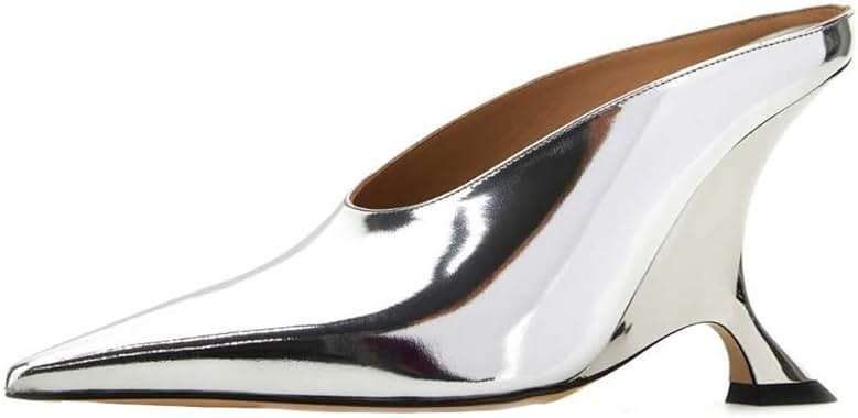 Kluolandi Metallic Heeled Mules for Women Sexy Pointed Closed Toe Slip On Wedge Mule Pumps Heels - Image 4