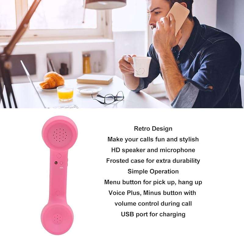 Retro Telephone Handset for Cell Phones - Comfortable Corded Receiver with Ergonomic Design for Clear Conversations (Pink) - Image 3