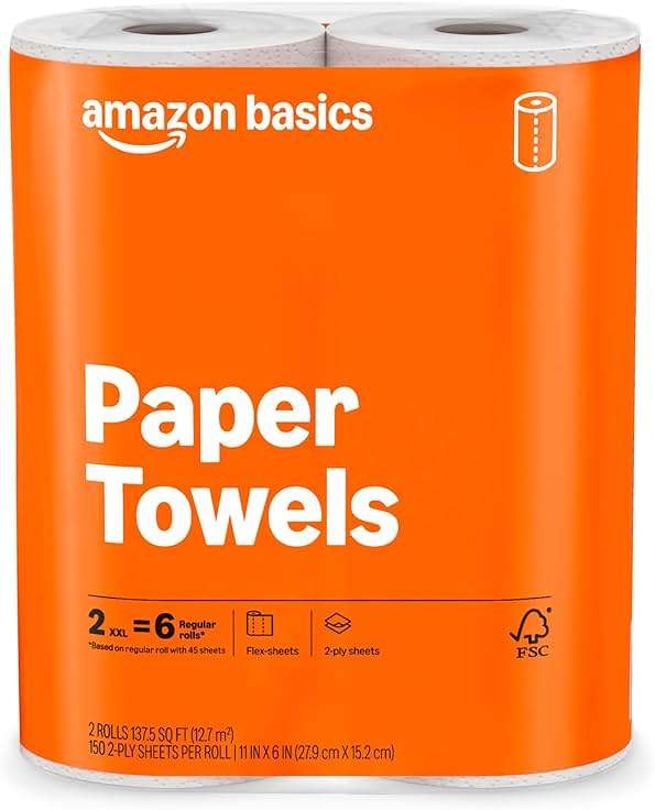 Amazon Basics 2-Ply Flex-Sheets Paper Towels, 2-Pack, 150 Sheets per Roll, 2 Basics Rolls = 6 Regular Rolls, for Everyday Use, Spills and Messes - Image 1