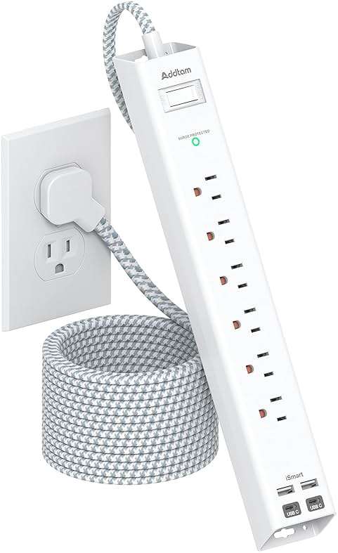 Extension Cord 10 ft - Long Power Strip Surge Protector, 6 AC Outlet 4 USB (2 USB C), Flat Plug, Wall Mount, Multi Plug Outlet Extender Desk Charging Station for Home Office Dorm Room Essentials - Image 1