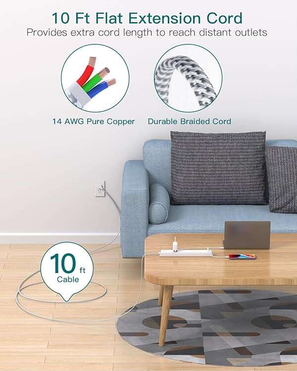 Extension Cord 10 ft - Long Power Strip Surge Protector, 6 AC Outlet 4 USB (2 USB C), Flat Plug, Wall Mount, Multi Plug Outlet Extender Desk Charging Station for Home Office Dorm Room Essentials - Image 2