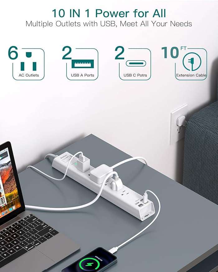 Extension Cord 10 ft - Long Power Strip Surge Protector, 6 AC Outlet 4 USB (2 USB C), Flat Plug, Wall Mount, Multi Plug Outlet Extender Desk Charging Station for Home Office Dorm Room Essentials - Image 3