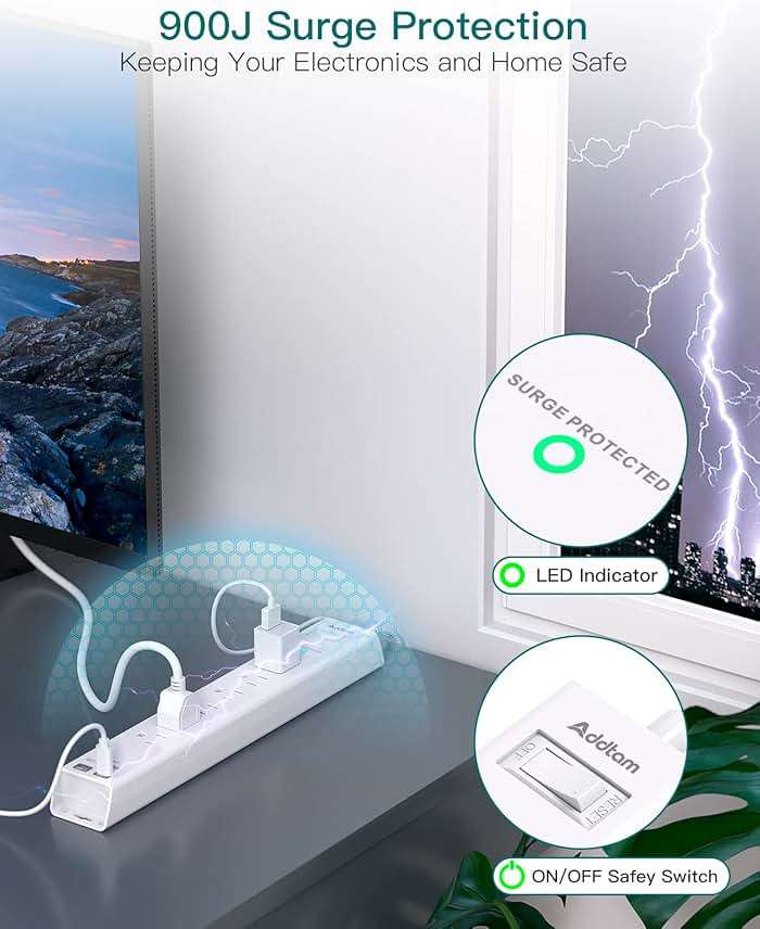 Extension Cord 10 ft - Long Power Strip Surge Protector, 6 AC Outlet 4 USB (2 USB C), Flat Plug, Wall Mount, Multi Plug Outlet Extender Desk Charging Station for Home Office Dorm Room Essentials - Image 6