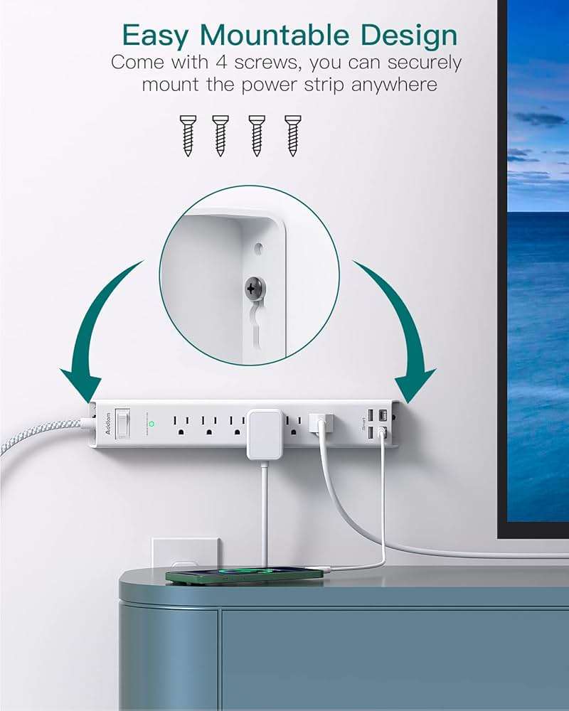 Extension Cord 10 ft - Long Power Strip Surge Protector, 6 AC Outlet 4 USB (2 USB C), Flat Plug, Wall Mount, Multi Plug Outlet Extender Desk Charging Station for Home Office Dorm Room Essentials - Image 7