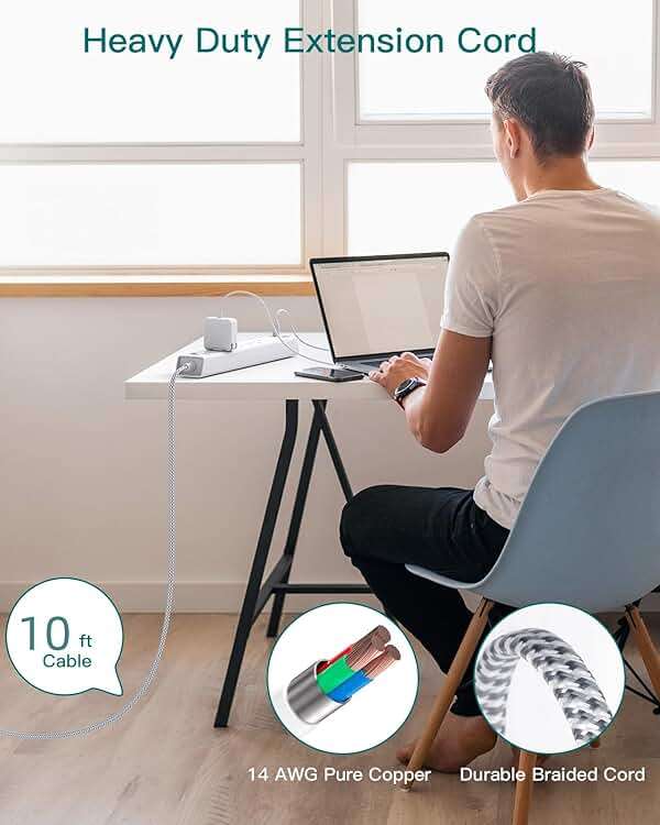 Extension Cord 10 ft - Long Power Strip Surge Protector, 6 AC Outlet 4 USB (2 USB C), Flat Plug, Wall Mount, Multi Plug Outlet Extender Desk Charging Station for Home Office Dorm Room Essentials - Image 8