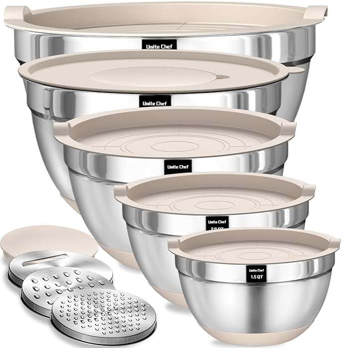 Umite Chef Mixing Bowls with Airtight Lids Set, 8PCS Stainless Steel Nesting Bowls with Grater Attachments, Non-Slip Bottoms, 5, 4, 3.5, 2, 1.5QT for Mixing & Serving - Image 1