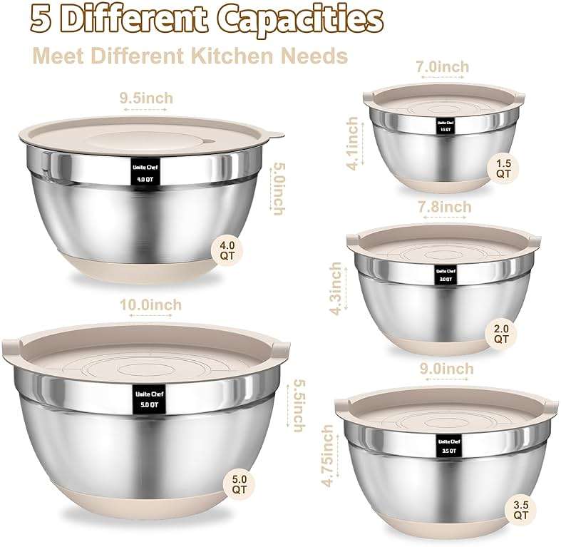 Umite Chef Mixing Bowls with Airtight Lids Set, 8PCS Stainless Steel Nesting Bowls with Grater Attachments, Non-Slip Bottoms, 5, 4, 3.5, 2, 1.5QT for Mixing & Serving - Image 3