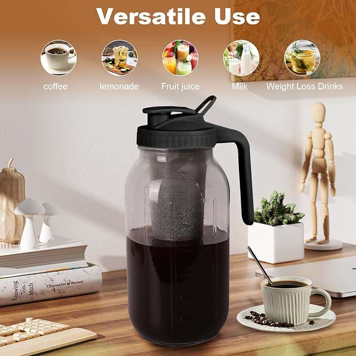 Cold Brew Coffee Maker,64 oz Mason Jar Pitcher with Stainless Steel Filter, Pour Spout Handle Lid, Heavy Duty Glass Airtight & Leak-Proof for Iced Coffee,Tea & Lemonade - Image 6