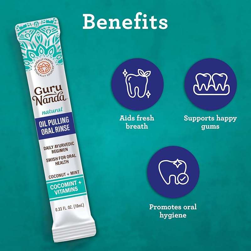 GuruNanda Travel Sachets Coconut Oil Pulling, Fresh Breath Mouthwash, 7 Essential Oils & Vitamins for Happy Teeth & Gums, 7 Sachets - Image 4
