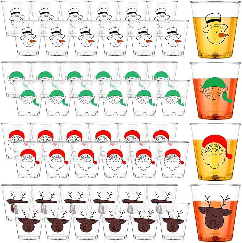 Layhit 200 Pcs Christmas Plastic Shot Cups 2 oz Clear Disposable Mini Glasses Bulk Santa Snowman Reindeer Drinking Cup for Xmas Holiday Party Supplies Beer Drinks Snacks - Image 1
