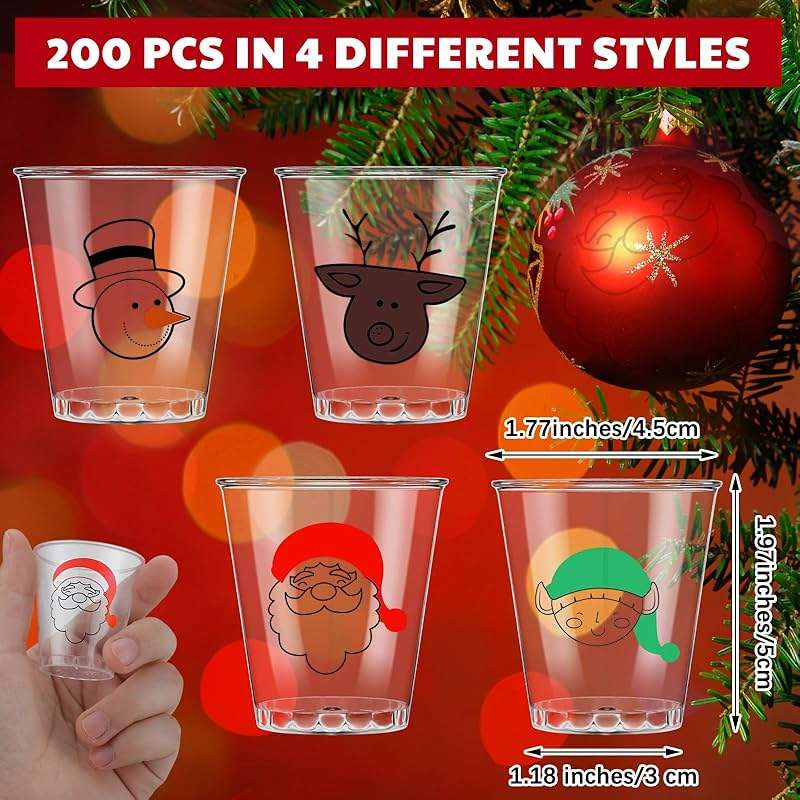 Layhit 200 Pcs Christmas Plastic Shot Cups 2 oz Clear Disposable Mini Glasses Bulk Santa Snowman Reindeer Drinking Cup for Xmas Holiday Party Supplies Beer Drinks Snacks - Image 3