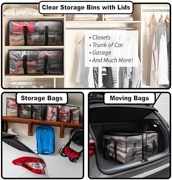 ClearSpace Heavy Duty Moving Bags - Water Resistant Storage Bags with Backpack Straps, Zippers and Handles - Large Moving Boxes for College Dorm, Travel, Closet Organization - 6 Pack, Clear - Image 3