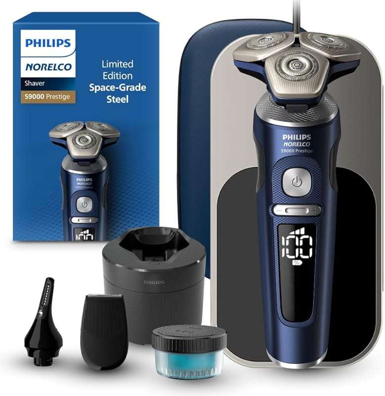 Philips Norelco Shaver Series 9000 Prestige, Wet and Dry Electric Shaver, System, SenseIQ Technology, Precision Trimmer, Nose Trimmer, Qi Charging Pad, Cleaning Pod, Adriatic Blue, SP9886/89 - Image 1
