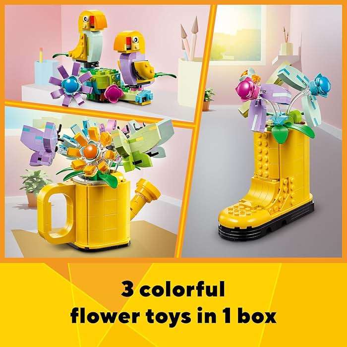 LEGO Creator 3 in 1 Flowers in Watering Can Building Toy - Fun, Creative Activity for Kids, Girls and Boys, Ages 8+ - Gift for Birthdays - Building Options for Rain Boots or Birds - 31149 - Image 2