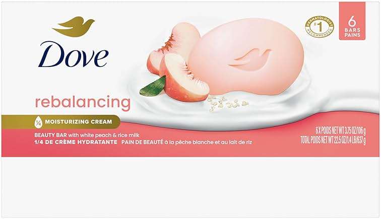 Dove Beauty Bar Soap Rebalancing White Peach & Rice Milk 6 Count for a Nourished and Moisturized Skin, with ¼ Moisturizing Cream Plant-Based Formula, 3.75 oz - Image 2