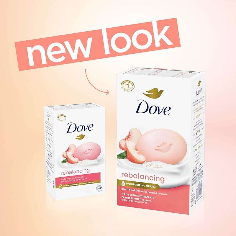 Dove Beauty Bar Soap Rebalancing White Peach & Rice Milk 6 Count for a Nourished and Moisturized Skin, with ¼ Moisturizing Cream Plant-Based Formula, 3.75 oz - Image 3