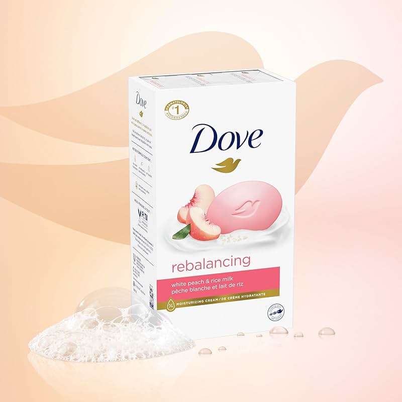 Dove Beauty Bar Soap Rebalancing White Peach & Rice Milk 6 Count for a Nourished and Moisturized Skin, with ¼ Moisturizing Cream Plant-Based Formula, 3.75 oz - Image 4