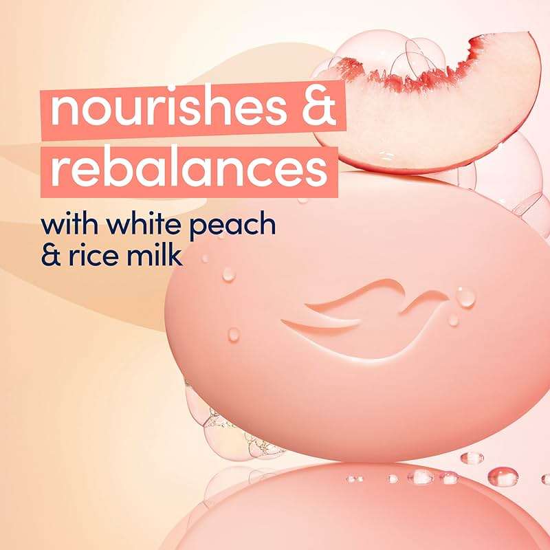 Dove Beauty Bar Soap Rebalancing White Peach & Rice Milk 6 Count for a Nourished and Moisturized Skin, with ¼ Moisturizing Cream Plant-Based Formula, 3.75 oz - Image 6