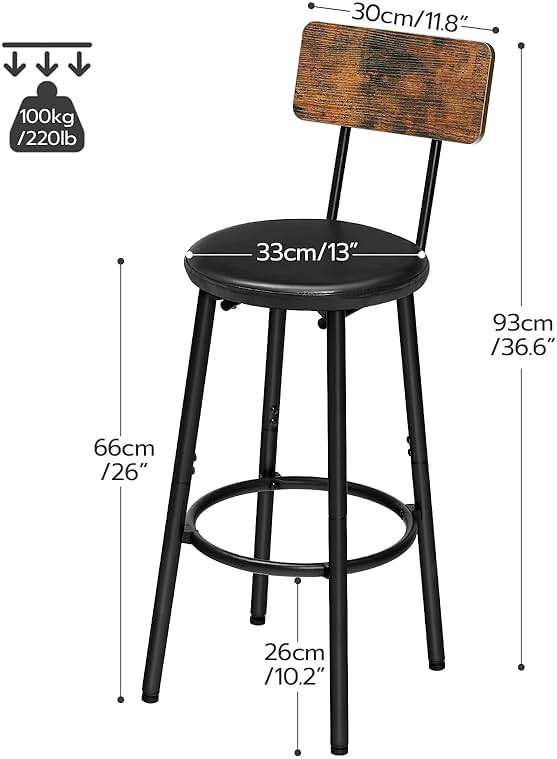 HOOBRO Bar Stools, Bar Stools Set of 2 with PU Upholstered, Bar Chairs with Footrest and Back, 26" Bar Stools for Kitchen Island, Dining Room, Easy to Assemble, Rustic Brown and Black BF31BY01G2 - Image 3
