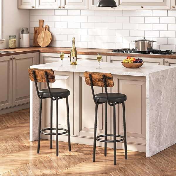 HOOBRO Bar Stools, Bar Stools Set of 2 with PU Upholstered, Bar Chairs with Footrest and Back, 26" Bar Stools for Kitchen Island, Dining Room, Easy to Assemble, Rustic Brown and Black BF31BY01G2 - Image 4